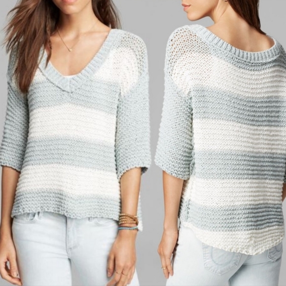 Free People Park Slope Mint & Ivory Striped Oversized Slouchy Hi-Low Sweater, XS - Picture 1 of 16